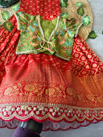 Evanik Festive Wear Red Dola Silk zari and thread weaving Gown With Position Print Koti