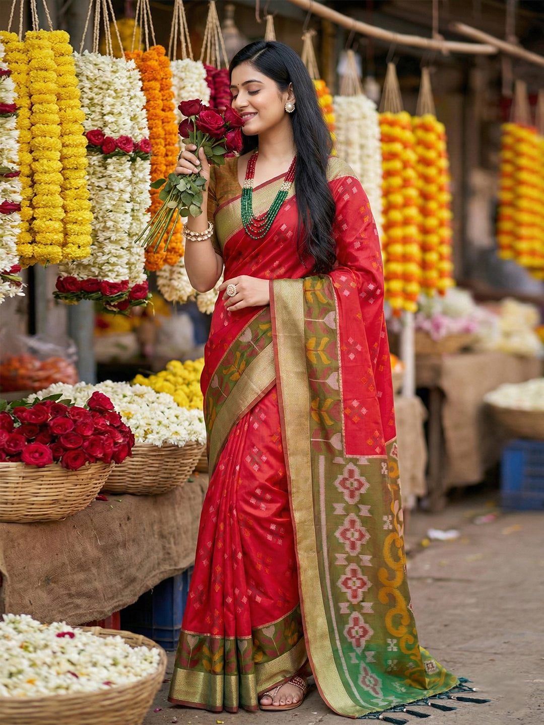 Anaita Red Pochampally Silk Woven Saree With Blouse