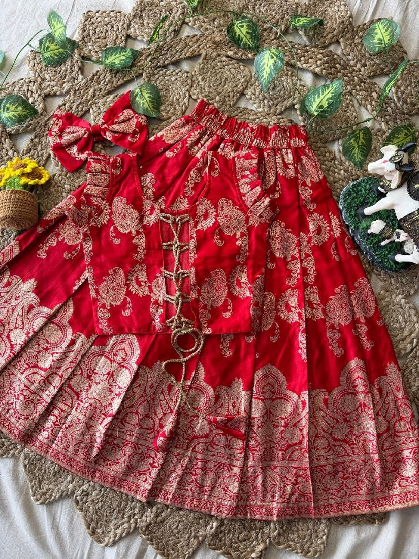 Evanik Red Banarasi Silk Kids Lehenga Choli Set with Zari Jacquard Work for Girls