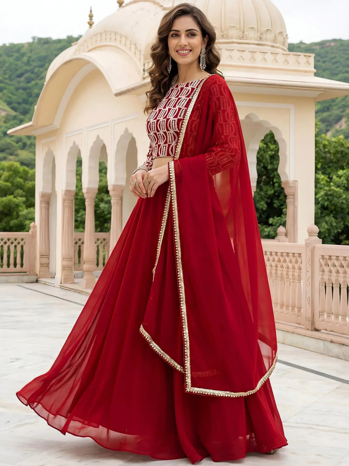 Tulsi Art Outstanding Red Embroidered Georgette Function Wear Lehenga Choli