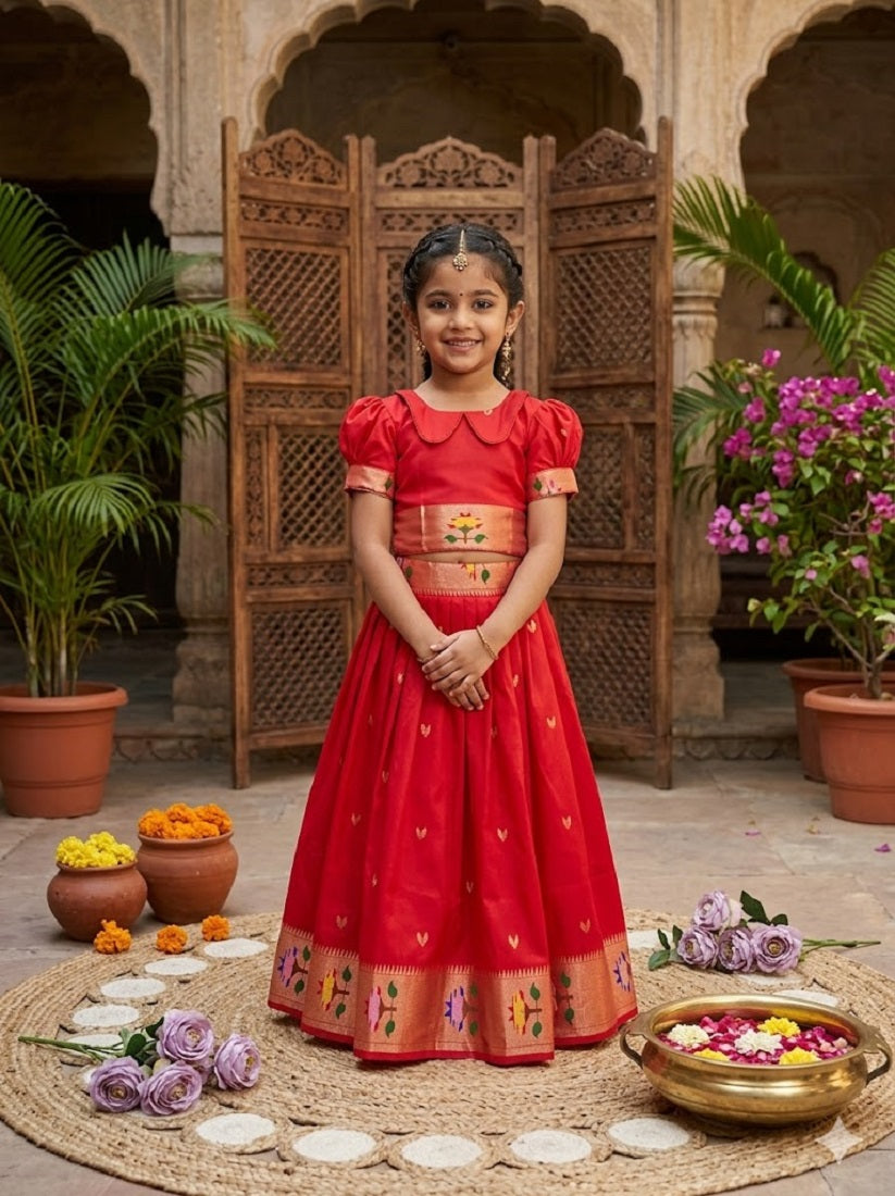 Evanik Red Soft Silk Paithani Design Zari Weaving Pavadai Lehenga Choli For Kids