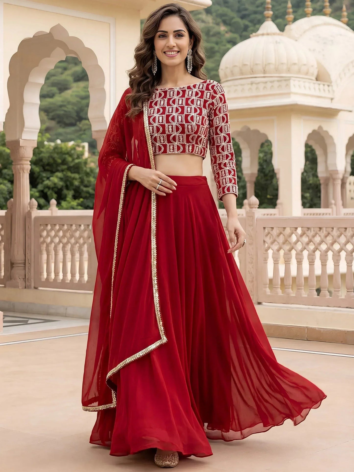 Tulsi Art Outstanding Red Embroidered Georgette Function Wear Lehenga Choli