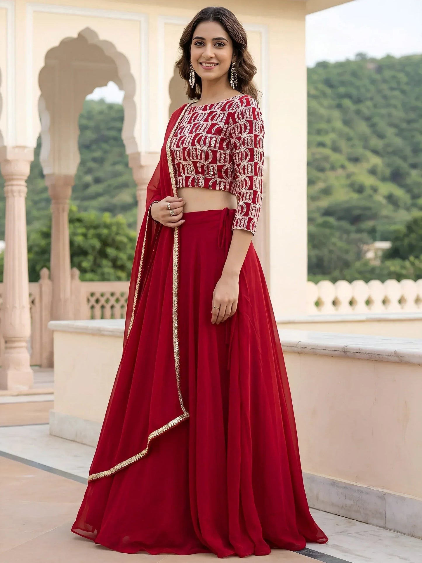 Tulsi Art Outstanding Red Embroidered Georgette Function Wear Lehenga Choli