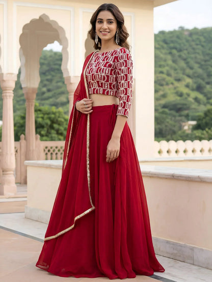 Tulsi Art Outstanding Red Embroidered Georgette Function Wear Lehenga Choli