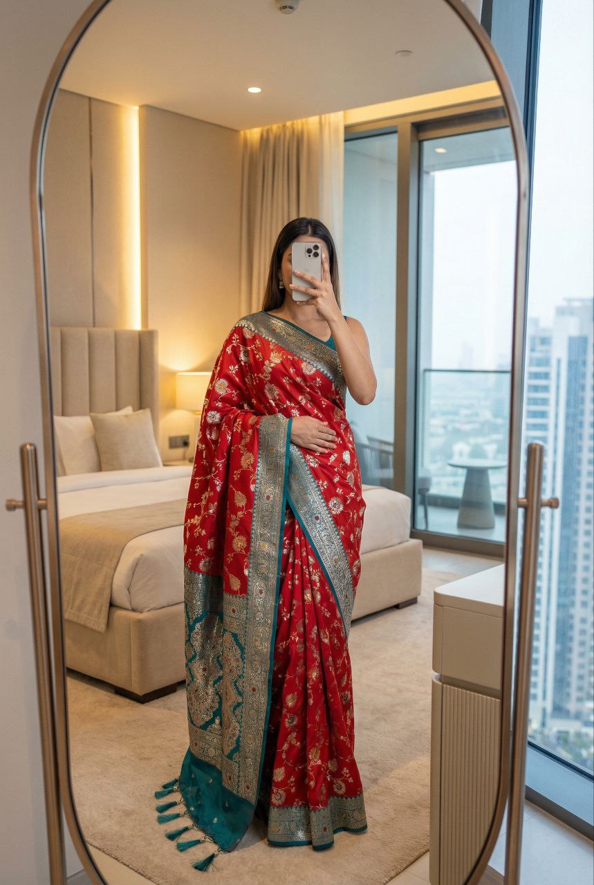 Mameraa Sarees Red Soft Silk Blend Saree With Zari Weaving Meenakari Design-Red