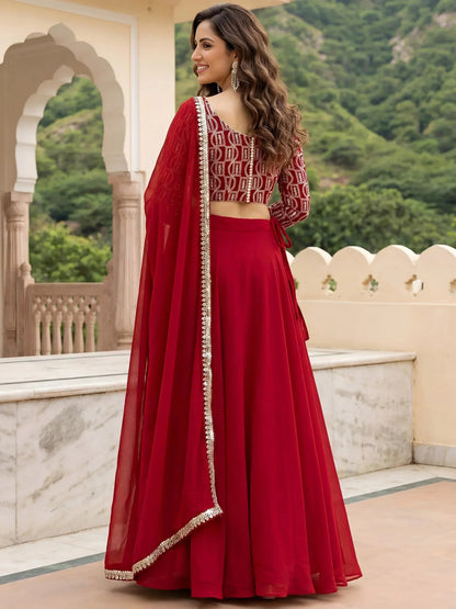 Tulsi Art Outstanding Red Embroidered Georgette Function Wear Lehenga Choli