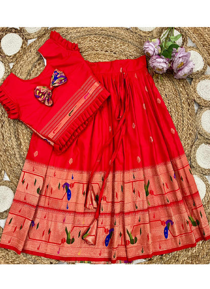 Evanik Designer Red Soft Silk Paithani Design Lehenga Choli For Girls-Party & Ethnic Wear