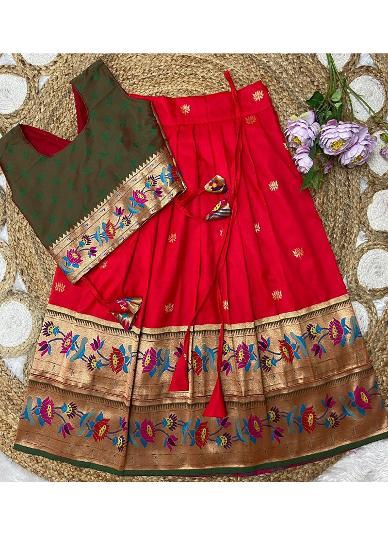 Evanik Red Kids Paithani Silk Lotus Pattern Lehenga Choli