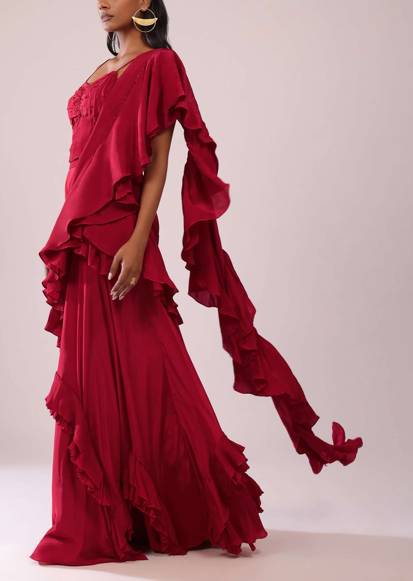 Red Layered Lehenga And Embroidered Blouse In Crepe With Attached Pallu