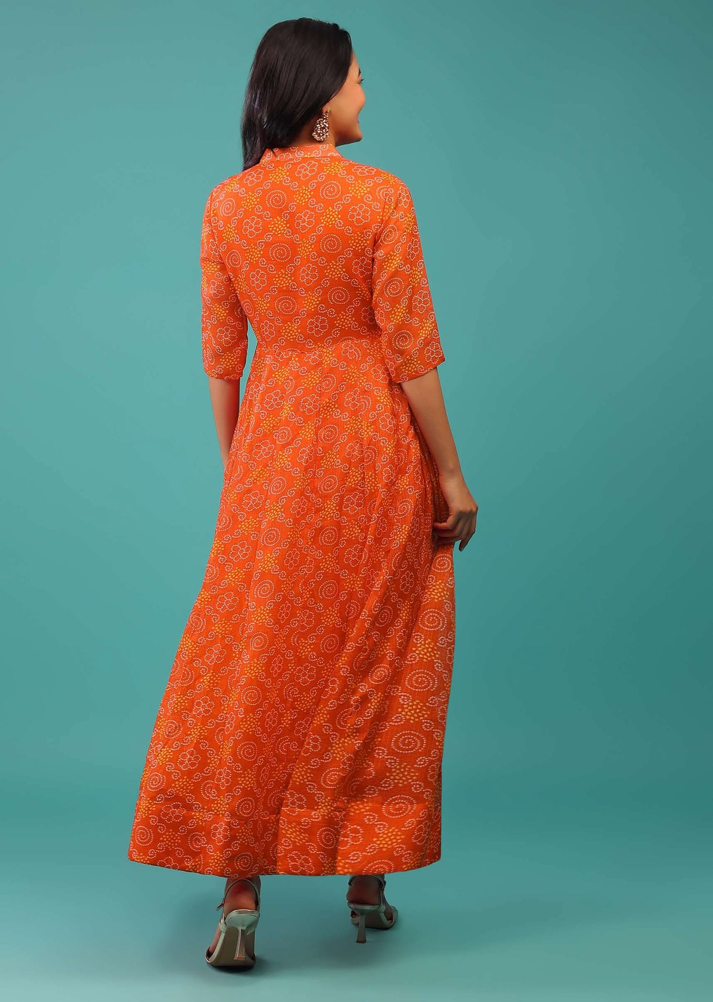 Red Orange Dress With Bandhani Print Made With Kota Silk