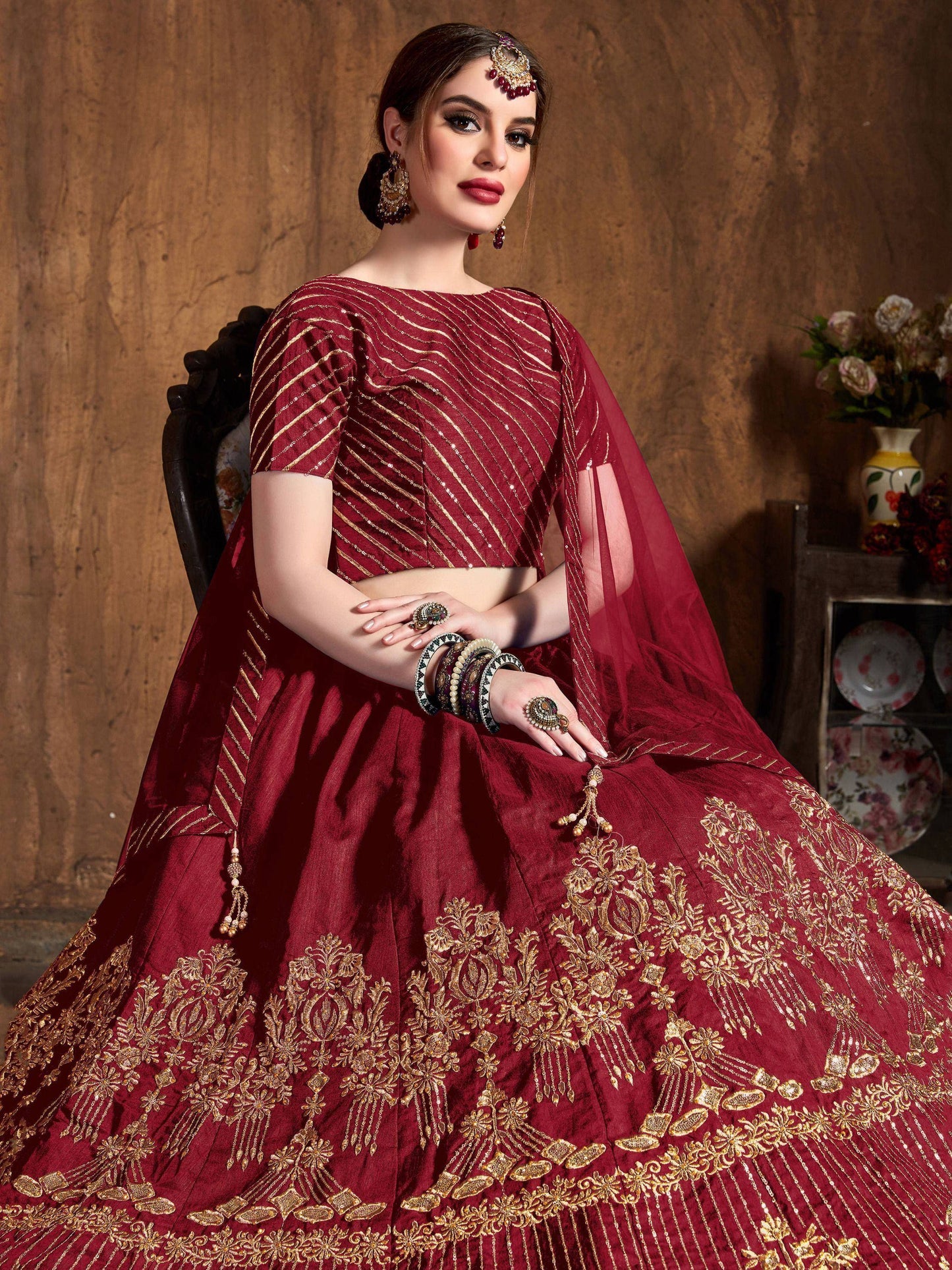Tulsi Art Red Zari Embroidery Art Silk Bridal Lehenga Choli With Dupatta