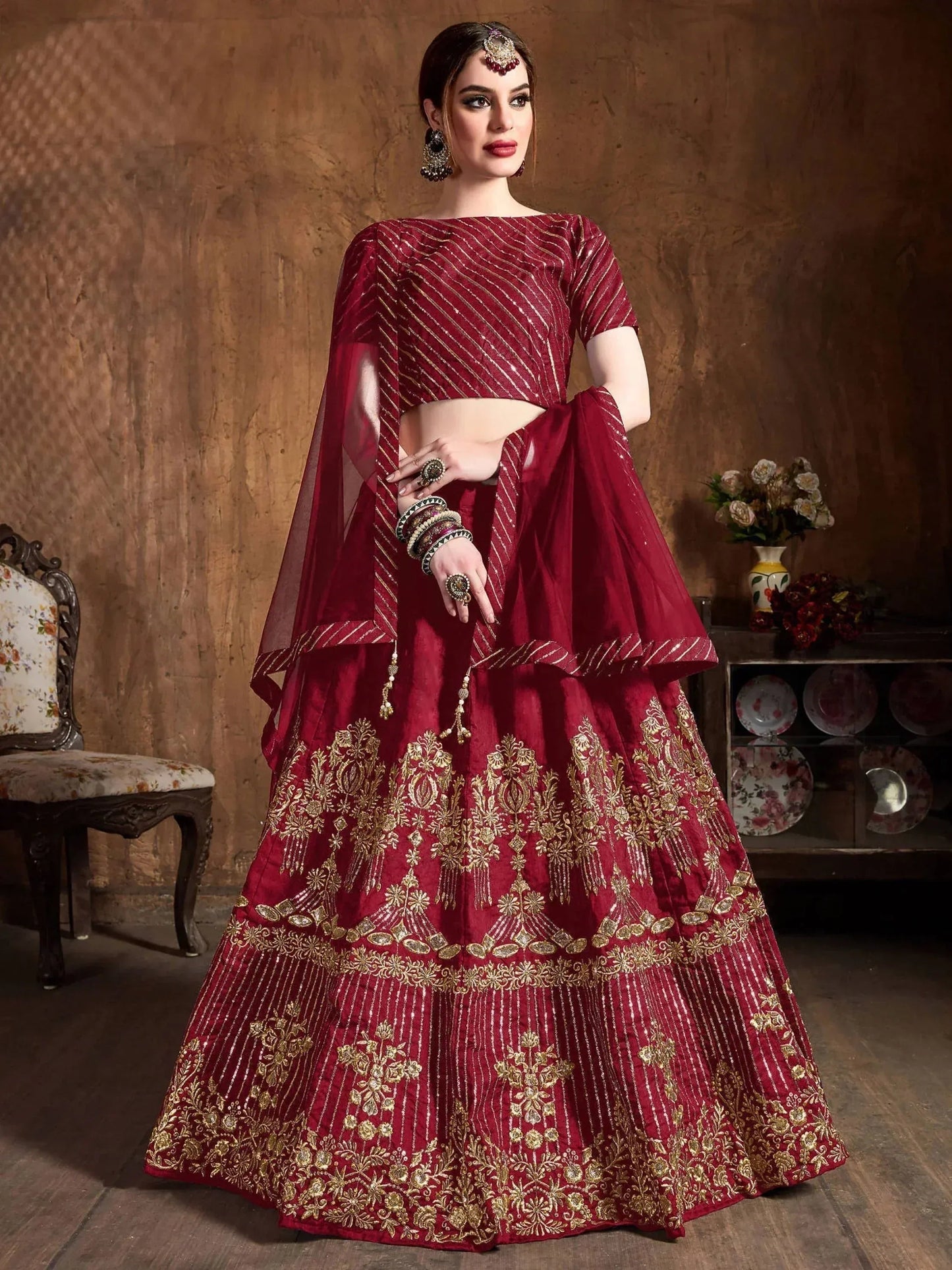 Tulsi Art Red Zari Embroidery Art Silk Bridal Lehenga Choli With Dupatta