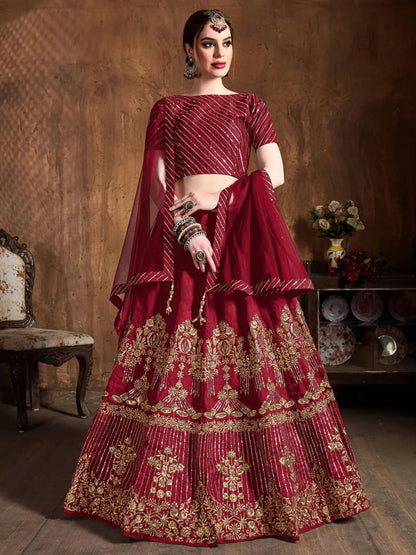 Tulsi Art Red Zari Embroidery Art Silk Bridal Lehenga Choli With Dupatta