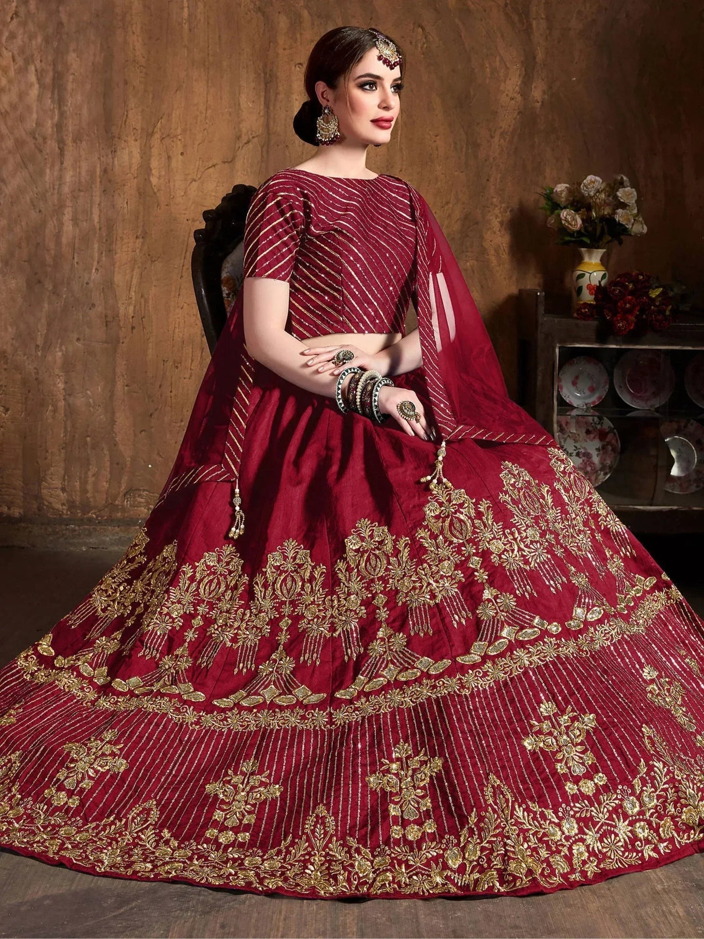 Tulsi Art Red Zari Embroidery Art Silk Bridal Lehenga Choli With Dupatta