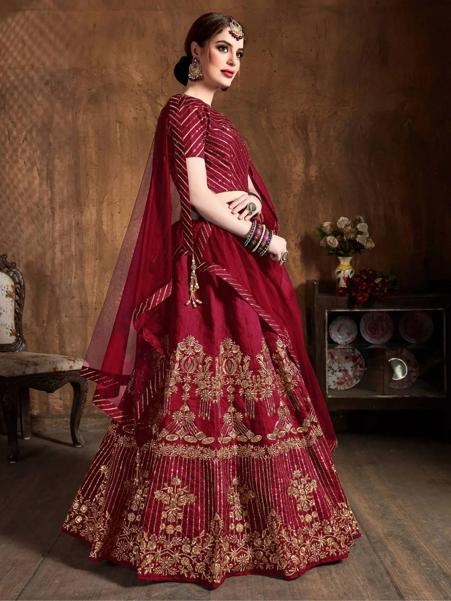 Tulsi Art Red Zari Embroidery Art Silk Bridal Lehenga Choli With Dupatta