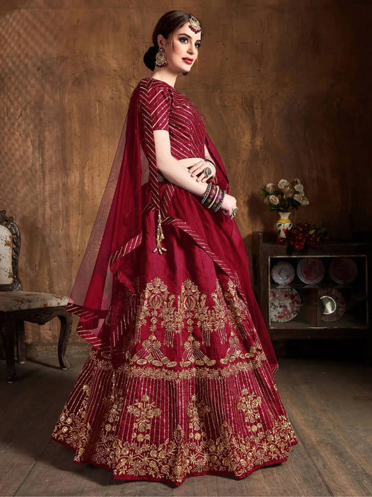Tulsi Art Red Zari Embroidery Art Silk Bridal Lehenga Choli With Dupatta