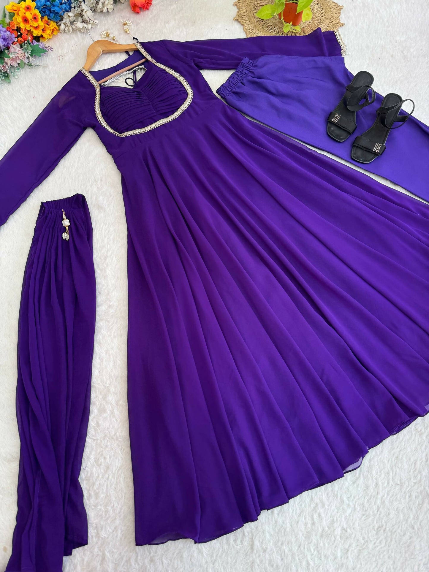 Teeya Creation Womens New Fancy Silk Heavy Quality Fabric With Handwork Purple Gown Set