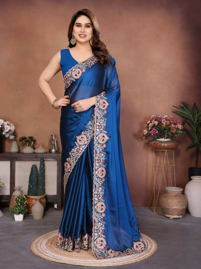 Teeya Creation New Trendy Party Wear Soft Silk Saree-Blue