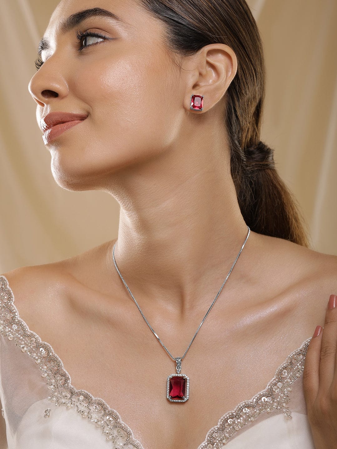 American Diamond Zirconia Ruby Pendant Set
