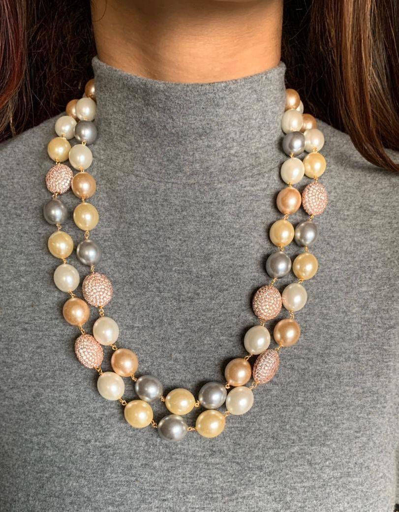 Rich 2 Line Pearl Mala with Clustered Diamond Beads
