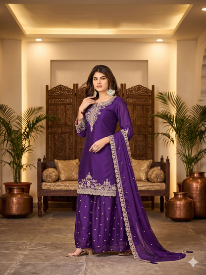 Teeya Creation Womens New Stylish Silk Embroidered Purple Sharara Suit With Golden Zari Work And Lace Border Dupatta