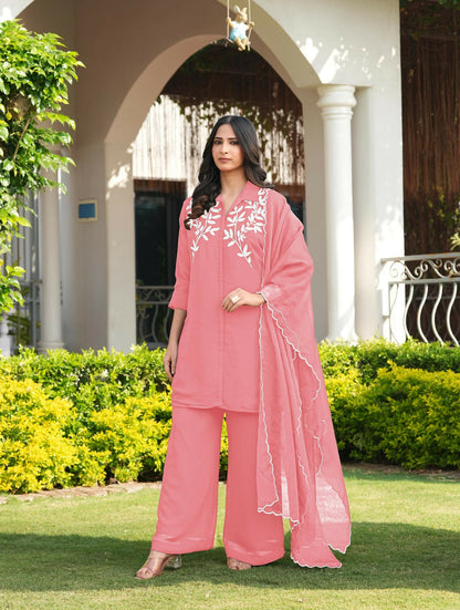 Nikhaar Light Pink Embroidered Viscose Georgette Stitched Straight Cut Kurta Culottes Dupatta Readymade Suit