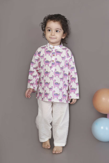 Breathables Kids Boys & Girls Cotton Night Suit  Purple Dinosaur Print Kurta & Pyjama Co-Ord Set