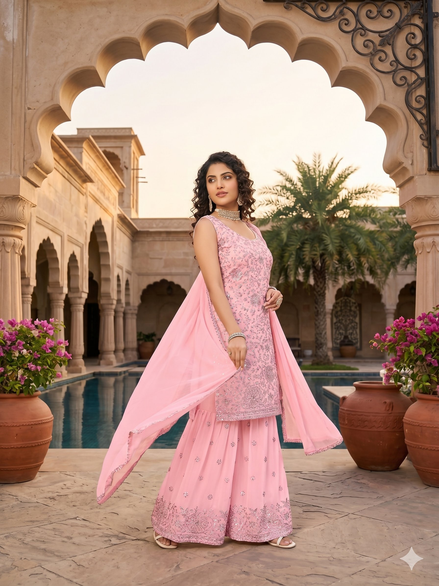 Teeya Creation Womens Georgette Pink Embroidered Sharara Set With Sequence Work And Lace Border Dupatta