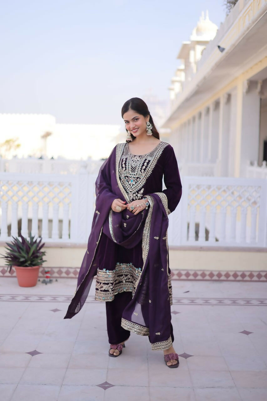 Teeya Creation Womens New Wine Velvet With Rich Zari Coding Embroidered Work Kurta Pant Dupatta Set