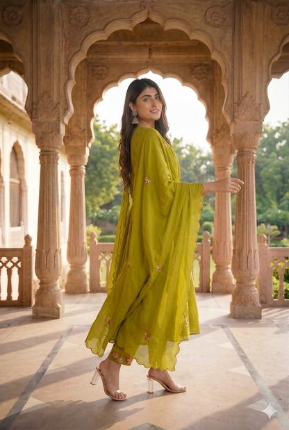 Teeya Creation Olive Green Embroidered Straight Suit Set With Dupatta