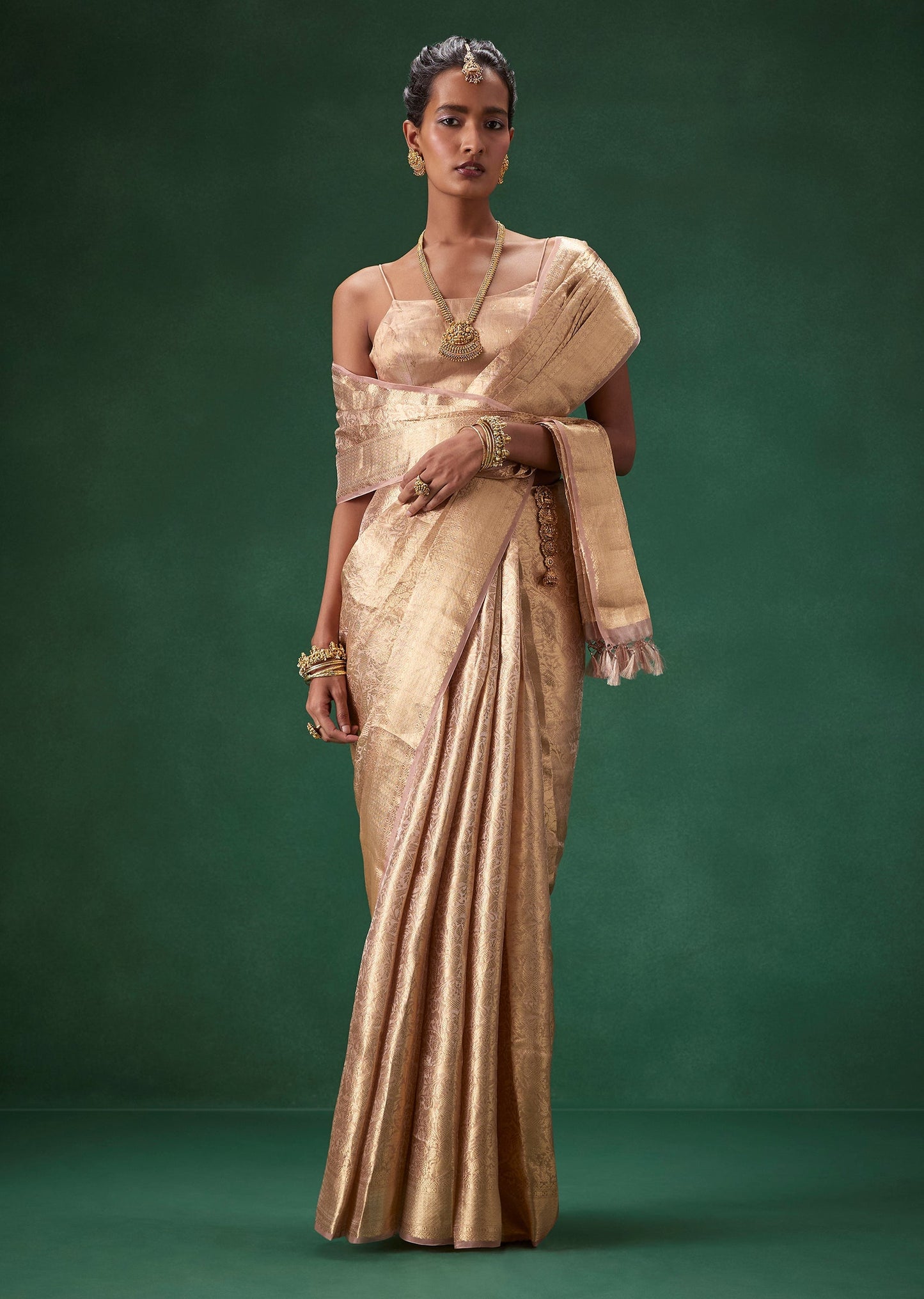 Rose Gold Banarasi Silk Weave Saree with Unstitched Blouse
