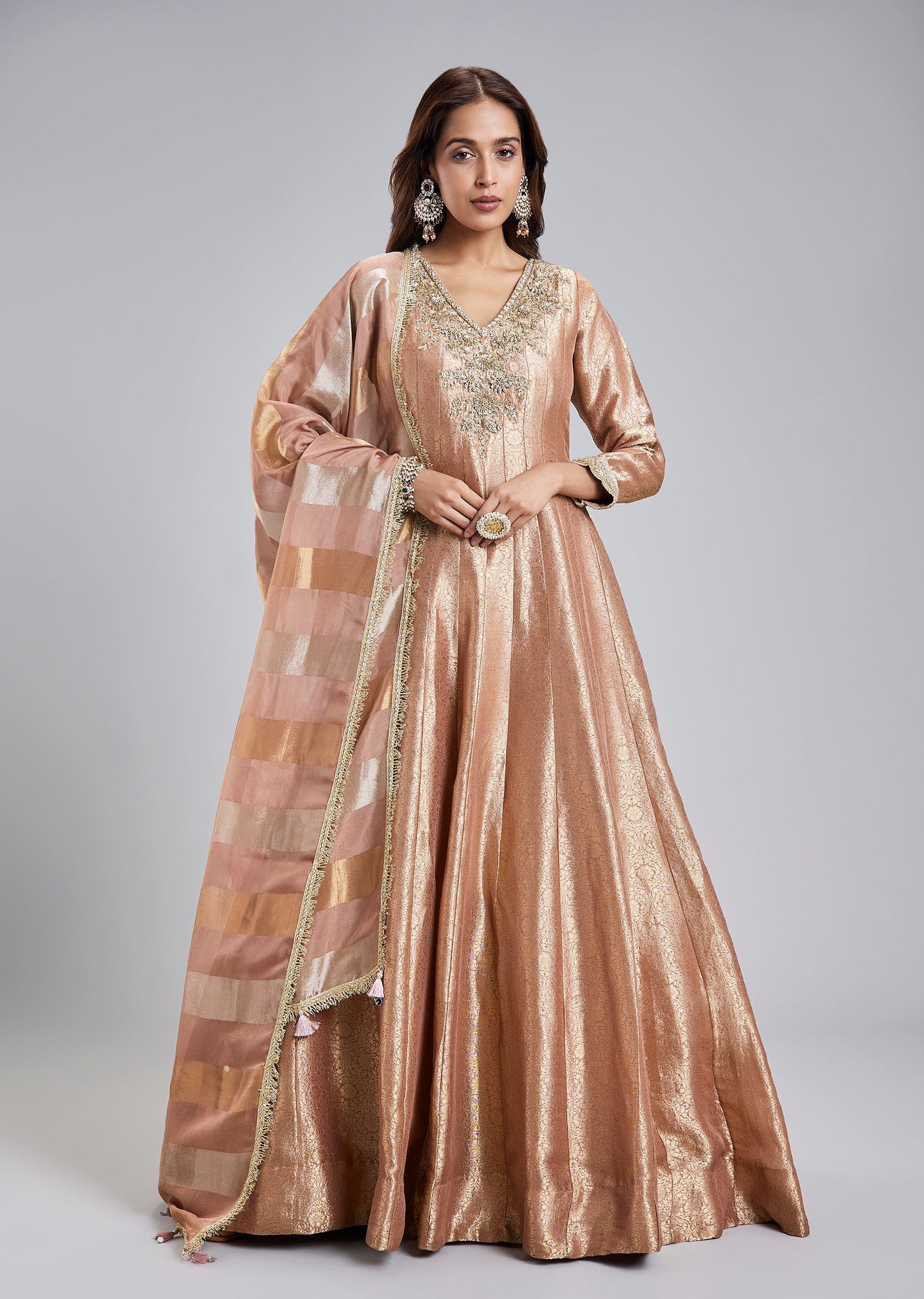 Rose Gold Brocade Anarkali Set With Zardosi Neckline And Striped Dupatta