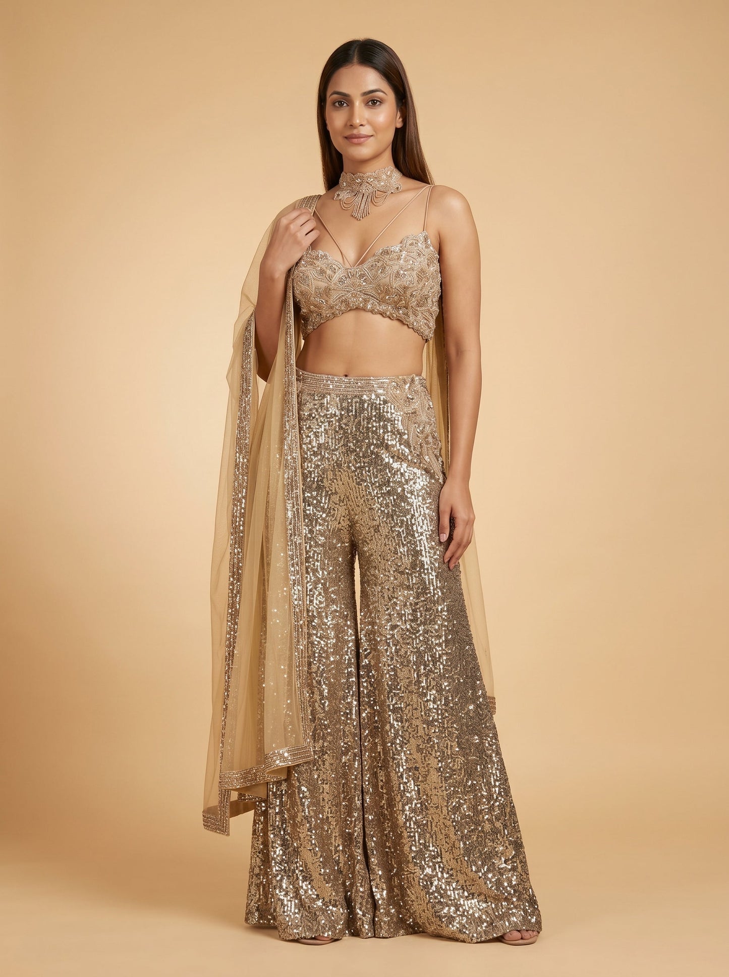 Rose Gold Shimmer Indowestern Skirt Set