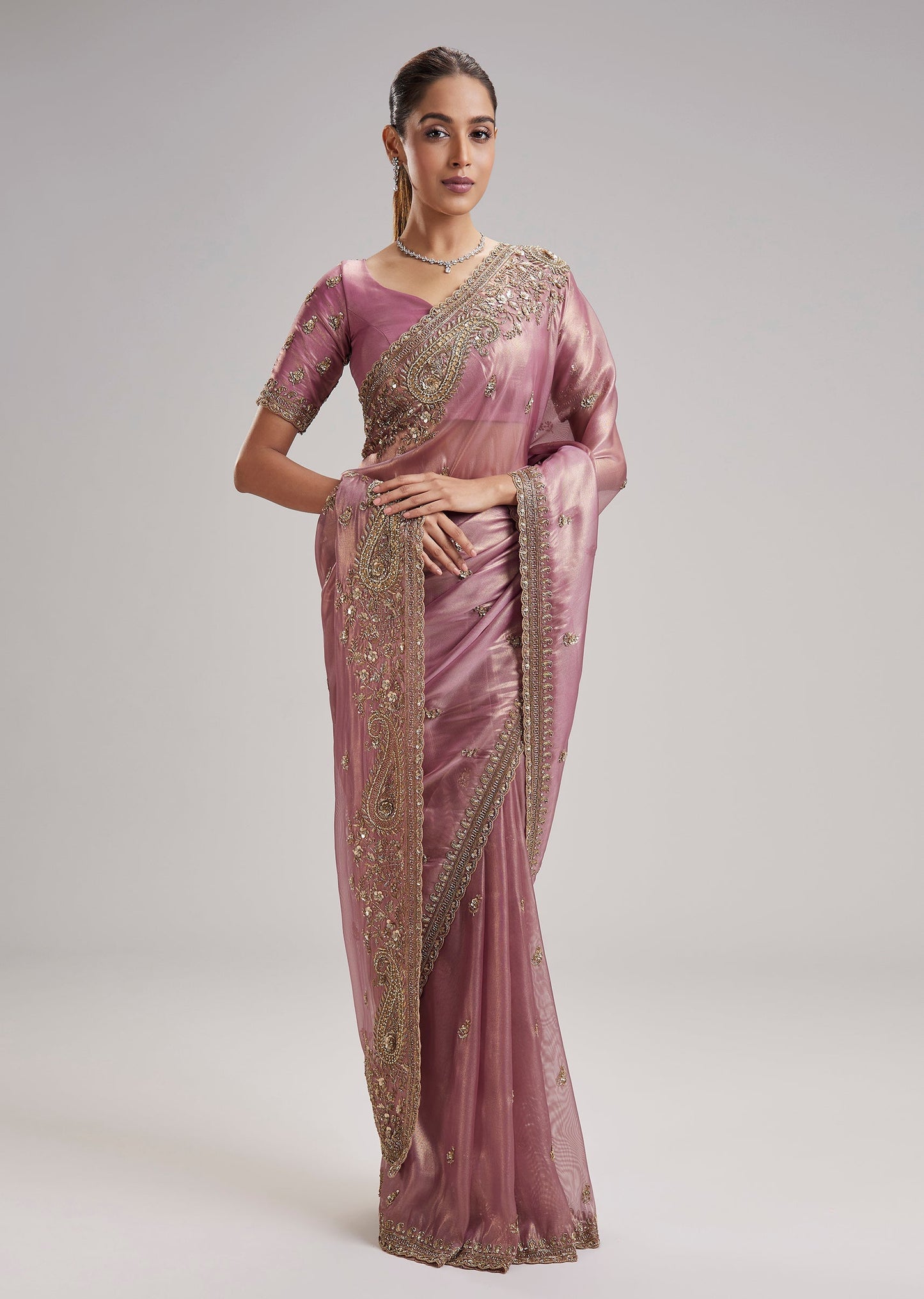 Rose Gold Tissue Organza Saree With Cutdana Sequins Border