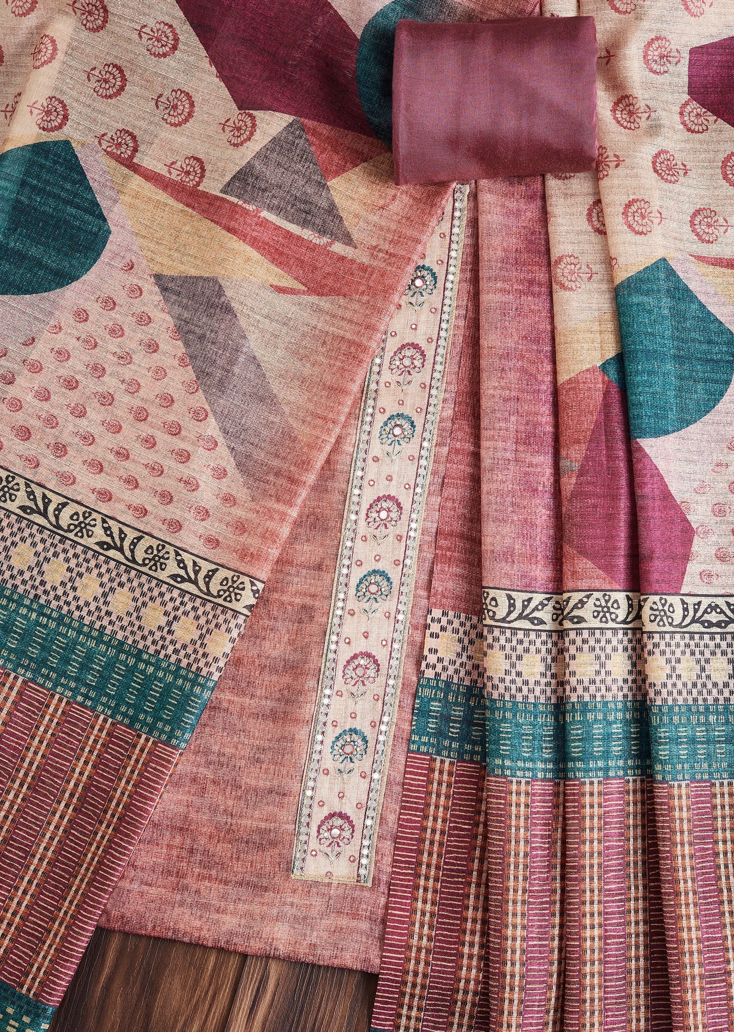 Rose Pink Dola Silk Printed Unstitched Suit Set