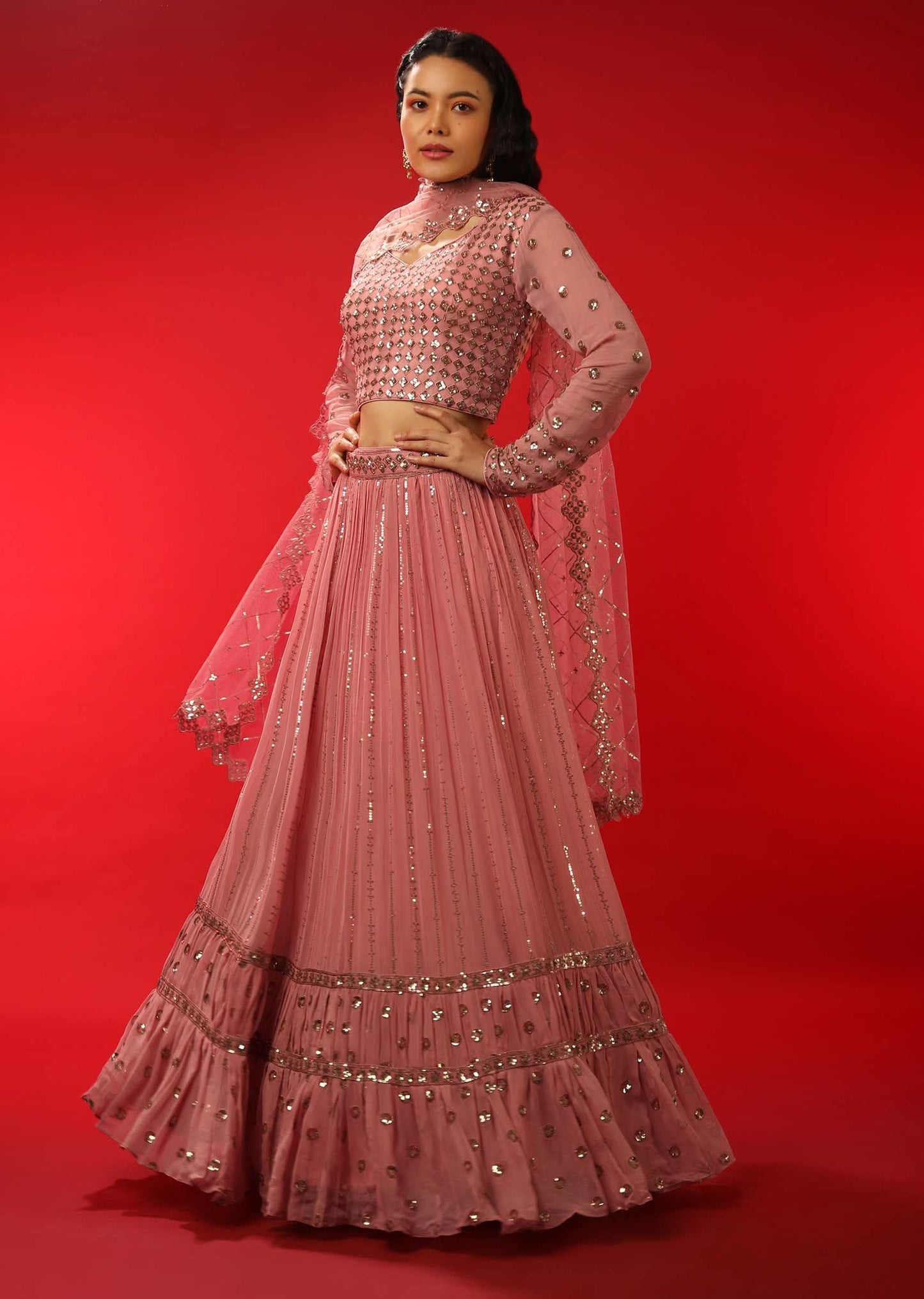 Rose Pink Lehenga Choli With Sequins Embroidered Geometric Motifs And Stripes