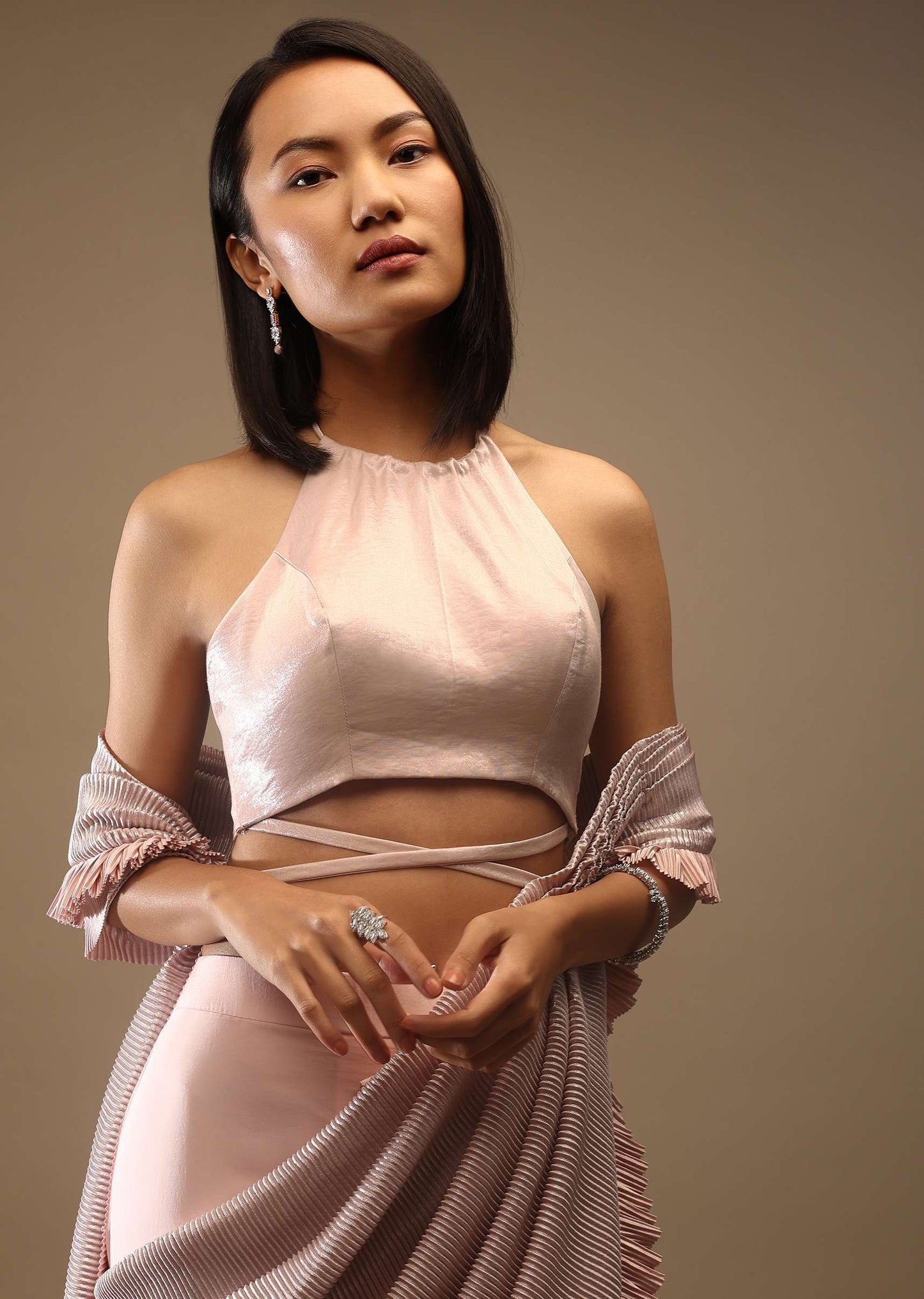 Rosewater Satin Halter Neckline Blouse With A Back Tie-Up.