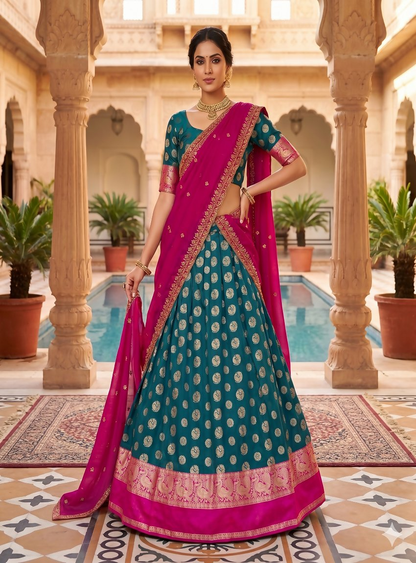 Teeya Creation Peacock Blue Banarasi Silk Ethnic Lehenga Choli for Festivals and Weddings
