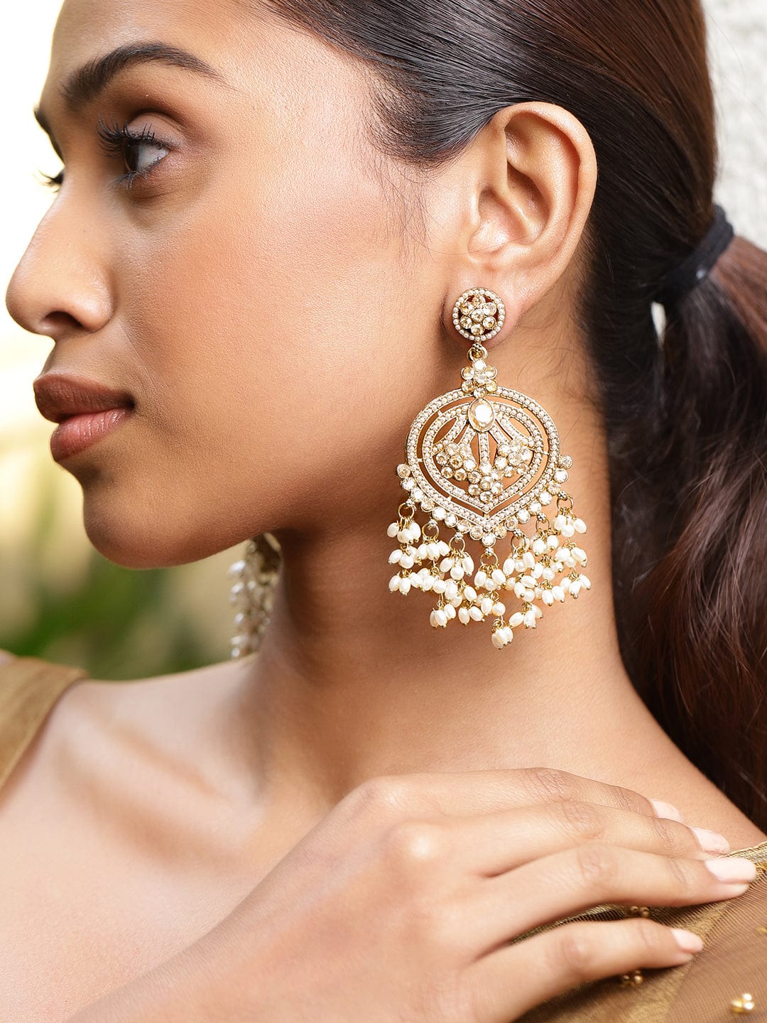 Champagne Bliss American Diamond Zirconia Pearl Danglers