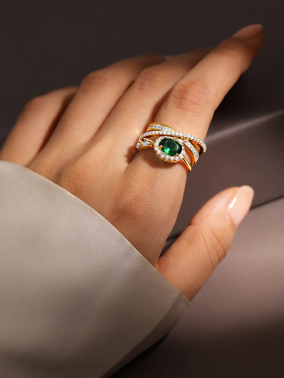 Green American Diamond Zirconia Gold Toned Ring