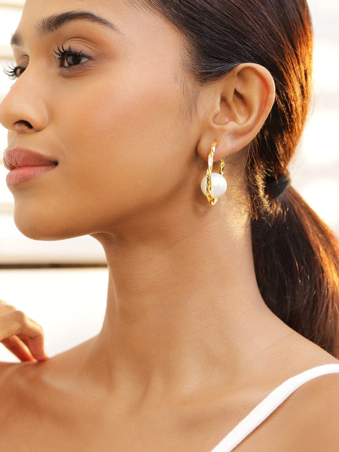 Sleek Golden Twist Pearl Hoops
