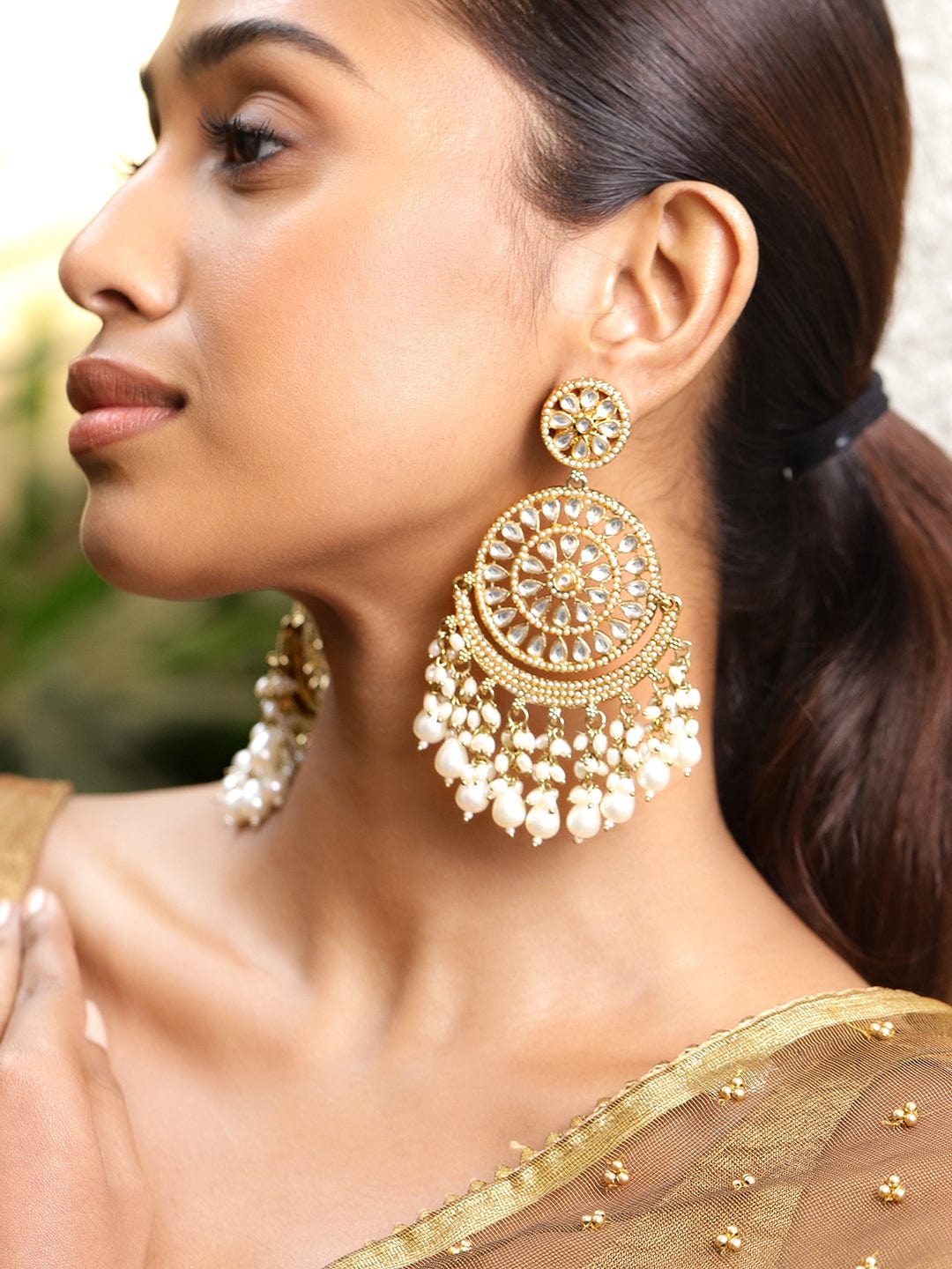 Stylish Ivory Tone Kundan Pearl Chandbali