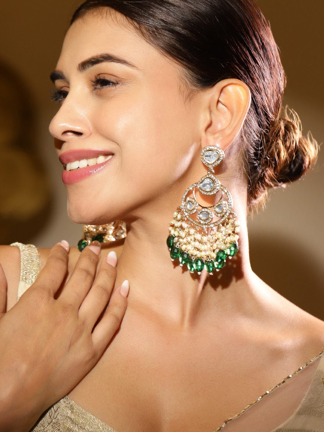 Ethnic Glow Green White Kundan Chandbali