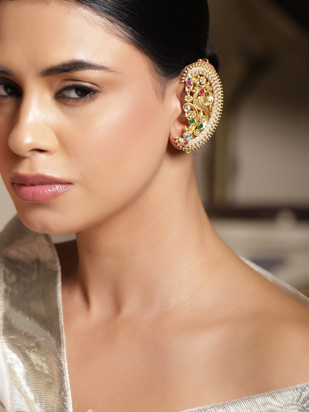 Peacock Motif Gold Toned Ear Cuffs