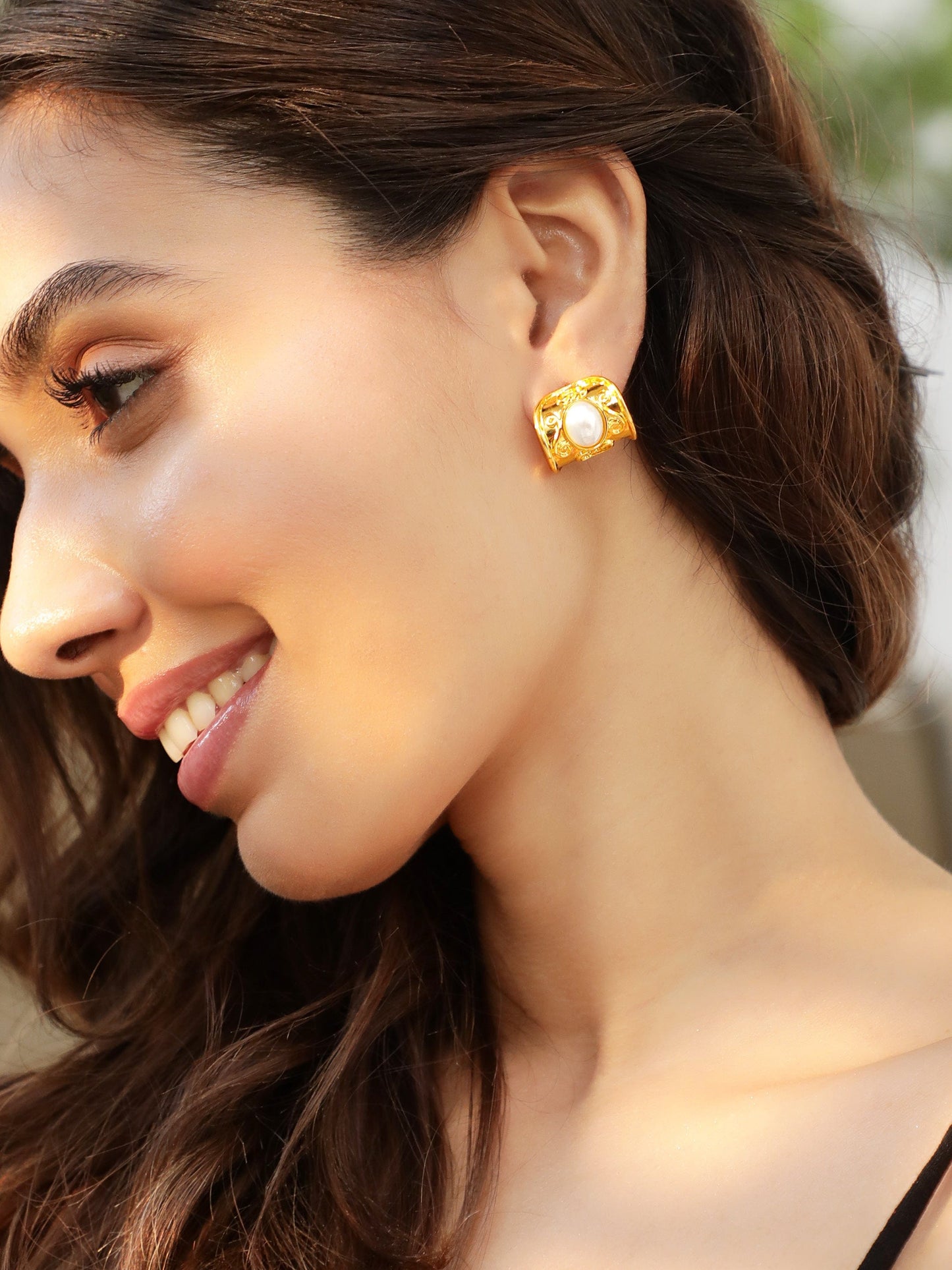 Gold Toned Pearl Studded Huggie Earrings