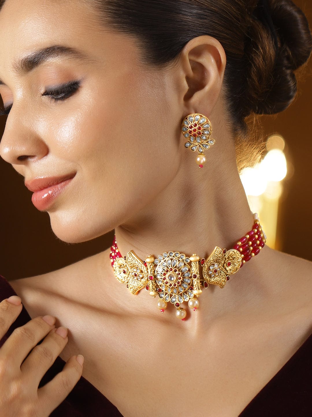 Golden choker Set with Ruby & Pearl Detailing