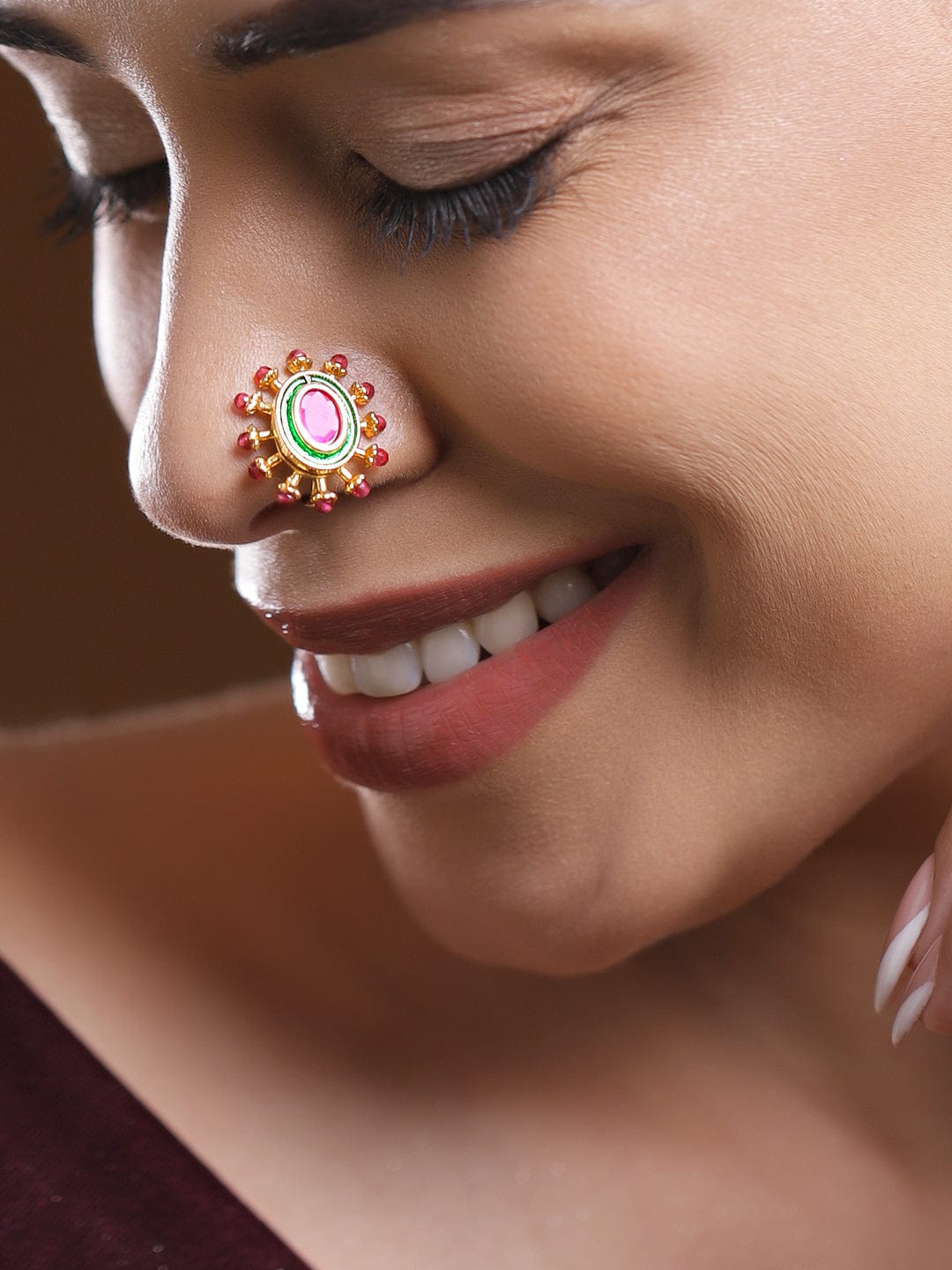 Rubans 18K Gold-Plated Ruby Pink Stone Studded Non-Pierced Clip-On Nath with Green Enamel