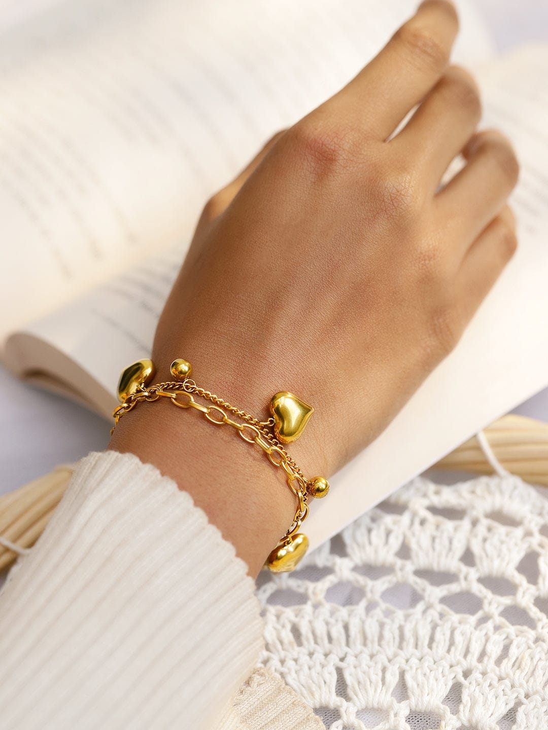 Gold Beaded Heart Motif Bracelet