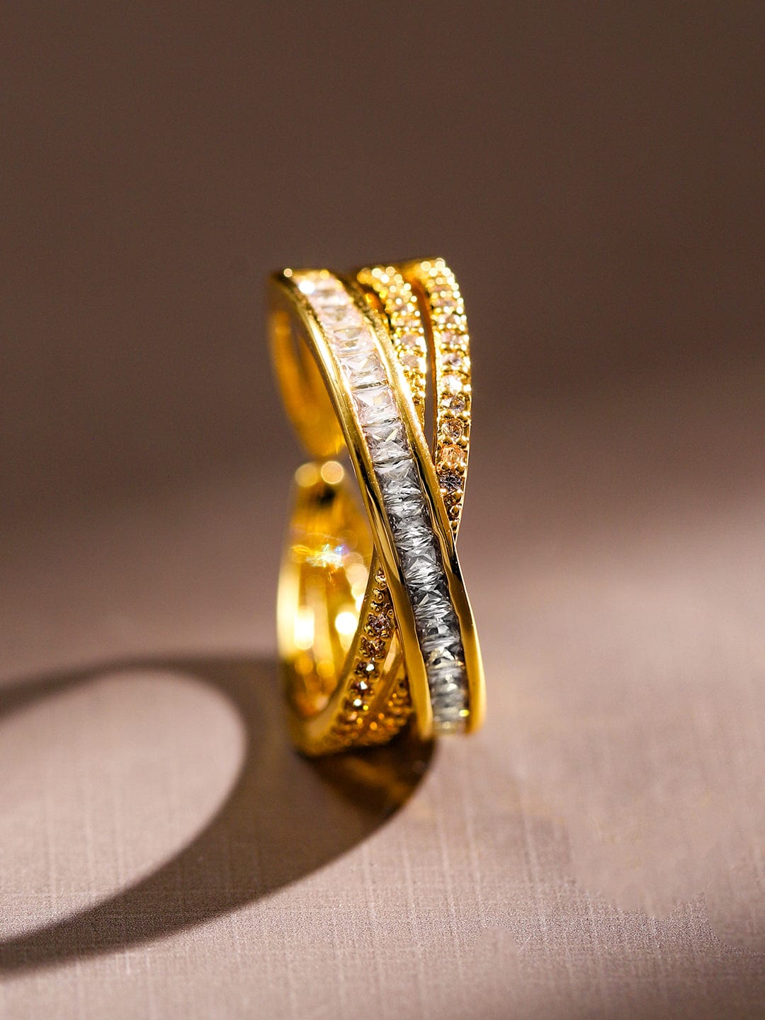 Gold Criss-Cross American Diamond Zirconia Ring