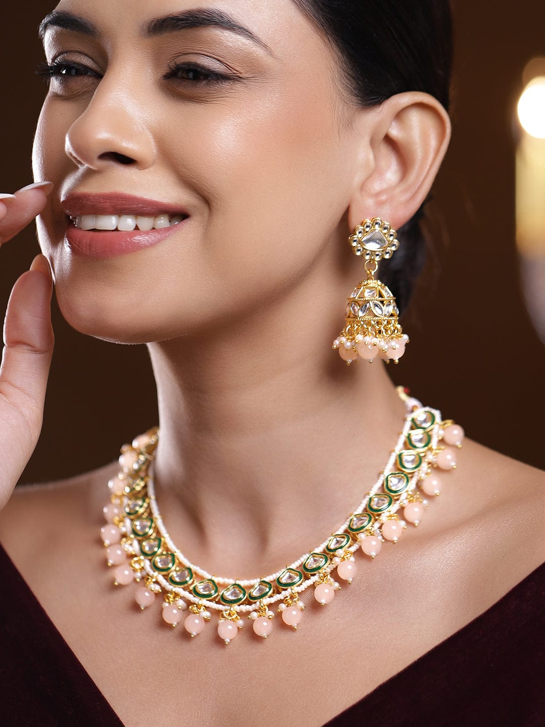 Refined Pastel Pink Kundan Necklace Set
